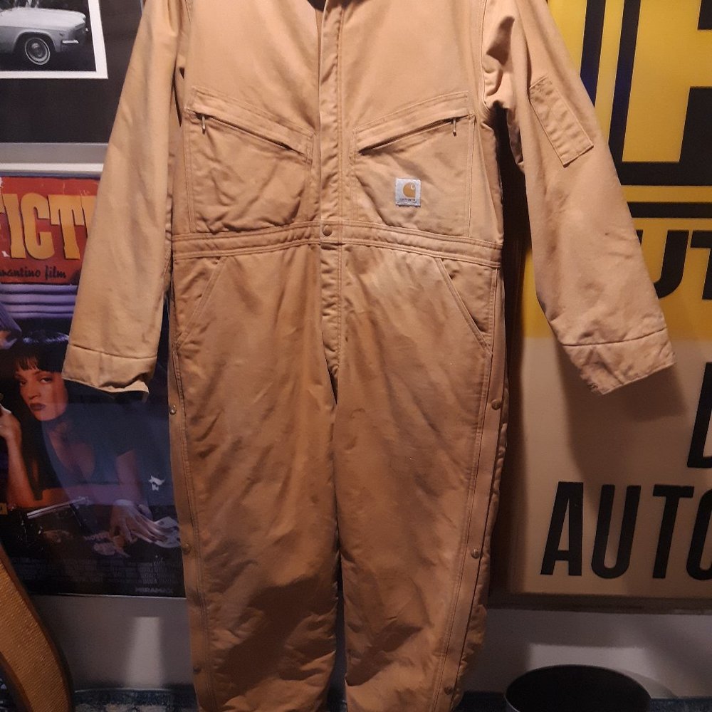 Vintage CARHARTT Tan Insulated Coverall Size 46R MADE IN USA with hood
